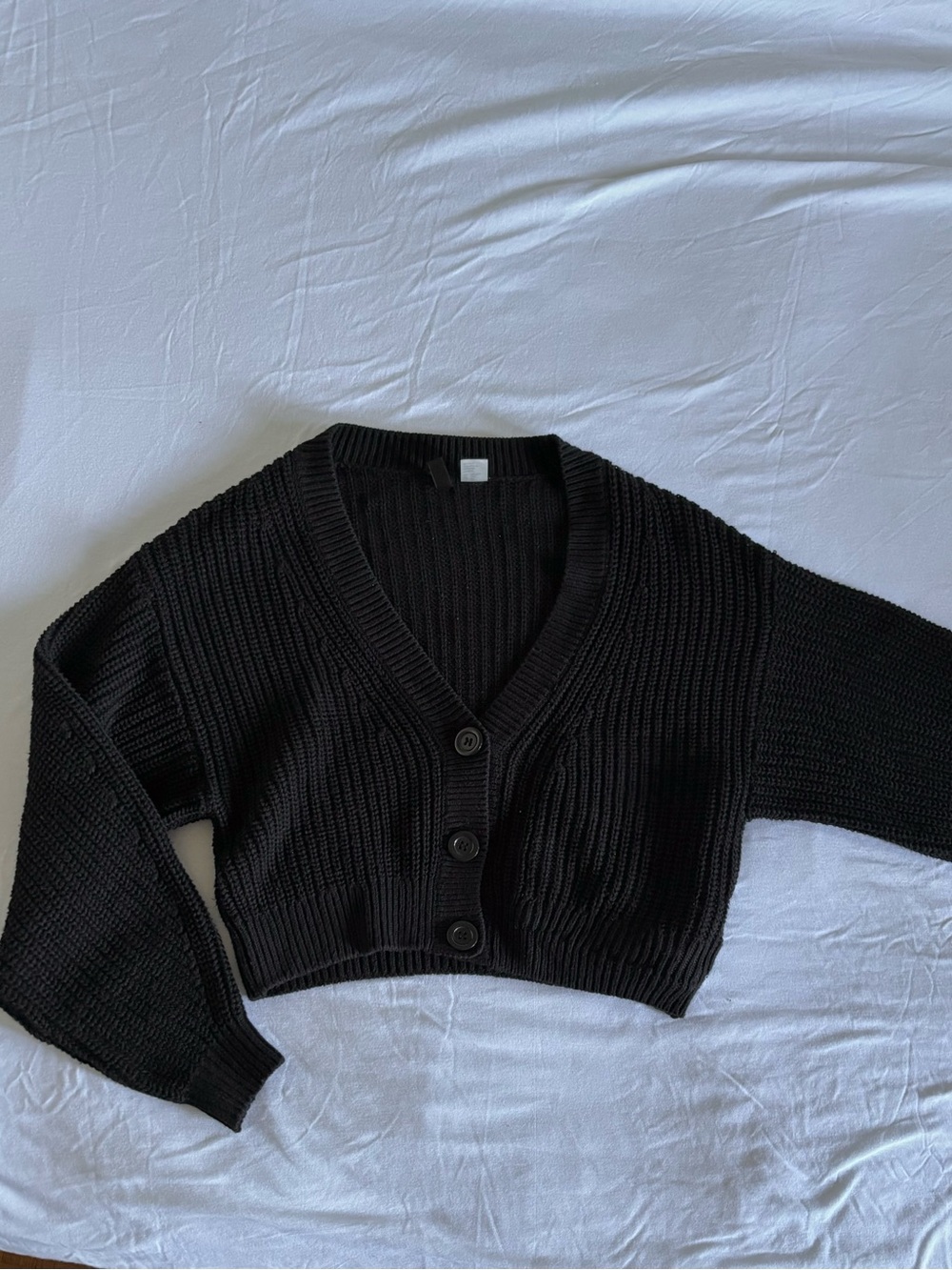 Cropped Black V‑Neck Button Cardigan Sweater